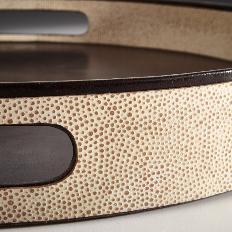 Beige and Brown Round Wood Leather Tray