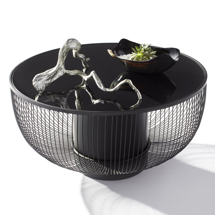 Round Black Metal and Glass Outdoor Coffee Table with Storage