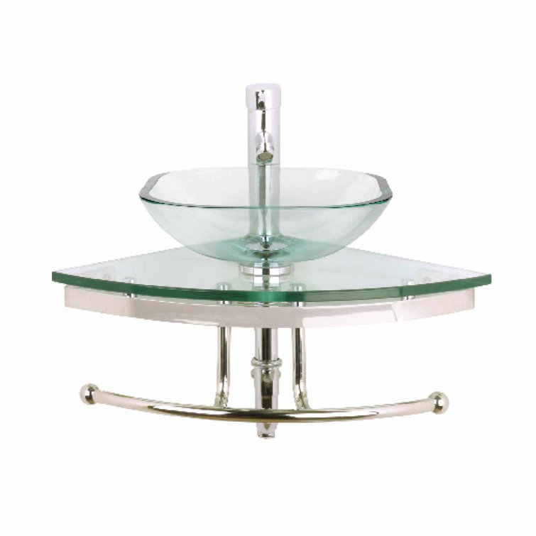Talula Clear Tempered Glass Corner Bathroom Sink with Chrome Faucet