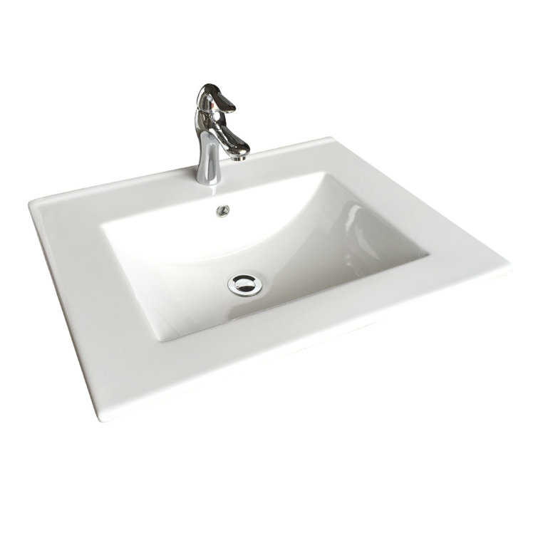 Gloss White Ceramic Rectangular Drop-In Bathroom Sink with Faucet