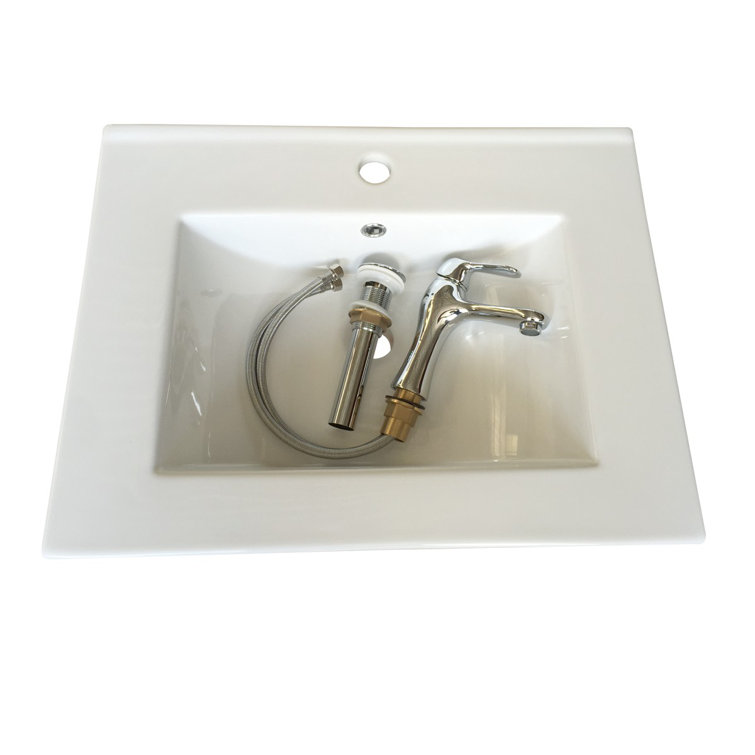 Gloss White Ceramic Rectangular Drop-In Bathroom Sink with Faucet