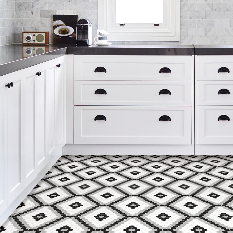 Black and White Hexagon Peel and Stick Vinyl Floor Tiles