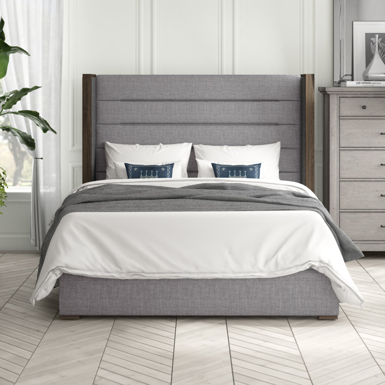 Grey Upholstered Queen Bed with Tufted Headboard and Wood Frame