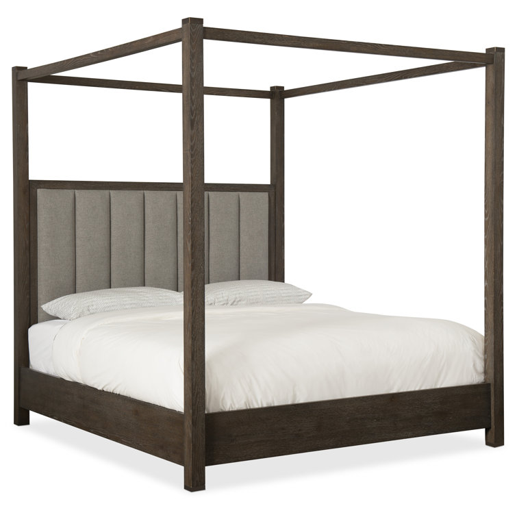 Queen Oak Upholstered Canopy Bed with Tufted Headboard