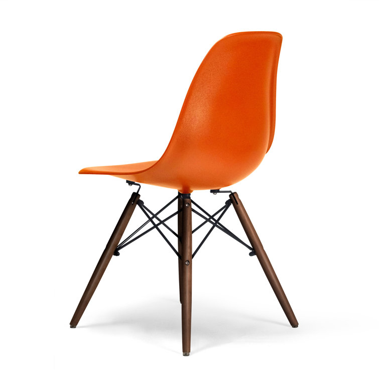 Red Plastic Bucket Seat Side Chair with Walnut Legs, Set of 2