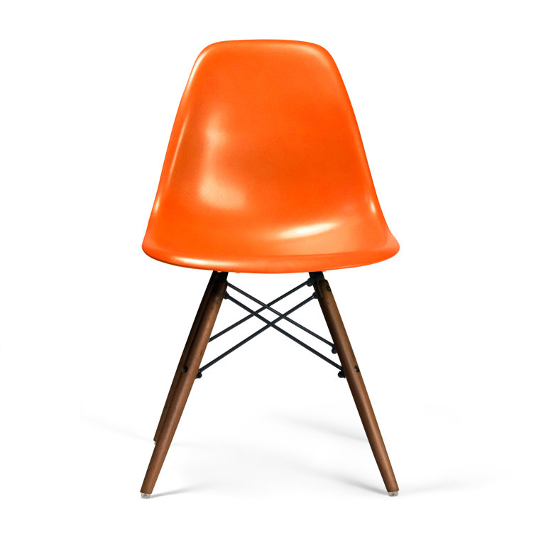 Red Plastic Bucket Seat Side Chair with Walnut Legs, Set of 2