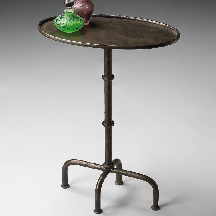 Elegant Pewter Round Pedestal Side Table with Wood Accents