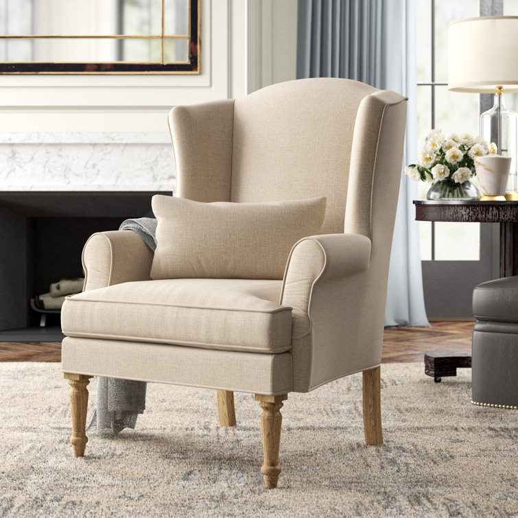 Natural Linen Upholstered Oak Wingback Accent Chair