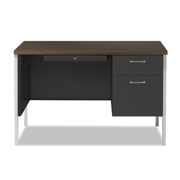 Walnut & Black Metal Desk with Locking Drawers and Filing Cabinet