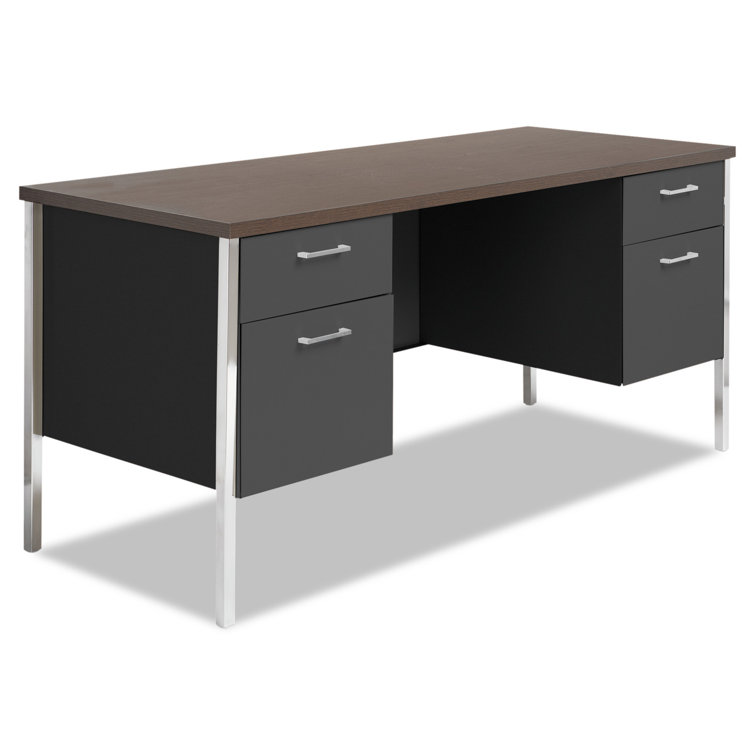 Executive Walnut/Black Wood Desk with Drawer and Filing Cabinet