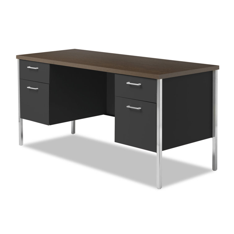Executive Walnut/Black Wood Desk with Drawer and Filing Cabinet