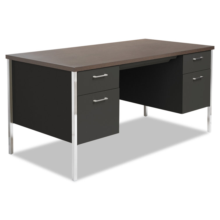 Walnut and Black Executive Desk with Filing Cabinets and Drawers