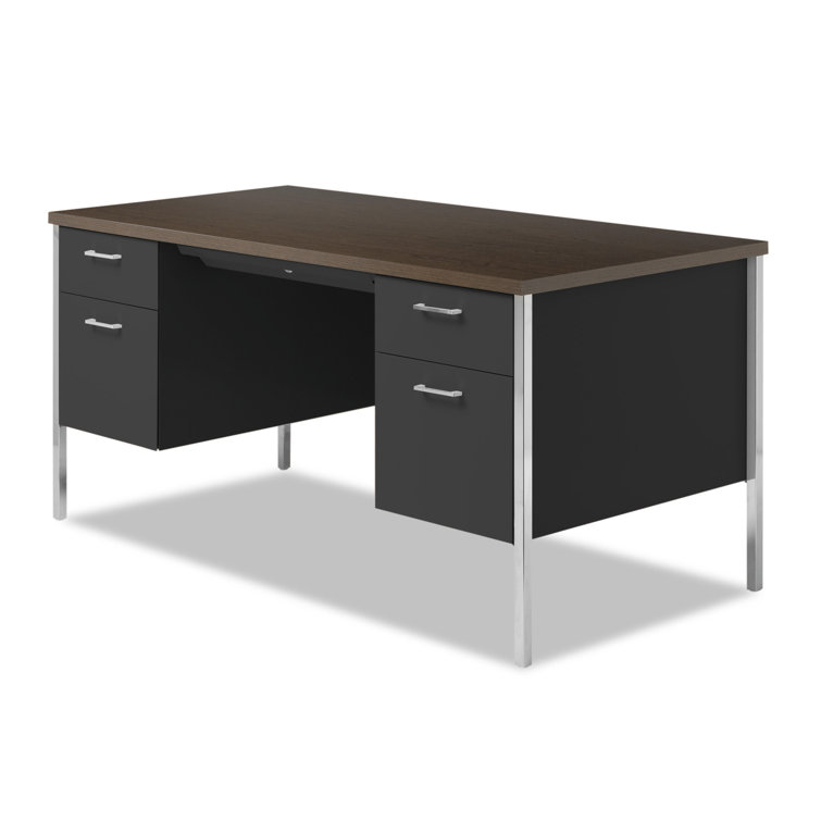 Walnut and Black Executive Desk with Filing Cabinets and Drawers