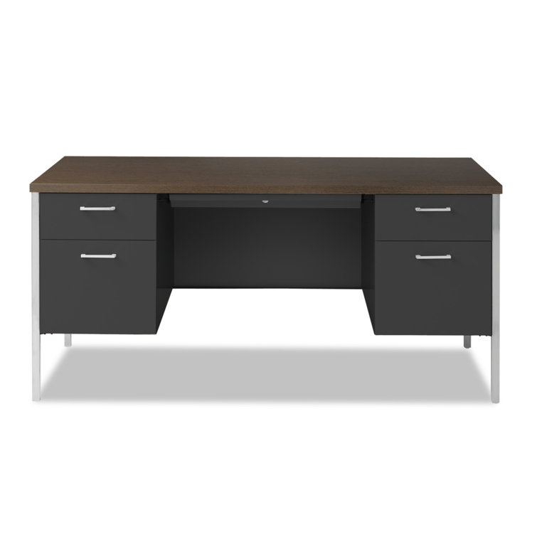 Walnut and Black Executive Desk with Filing Cabinets and Drawers