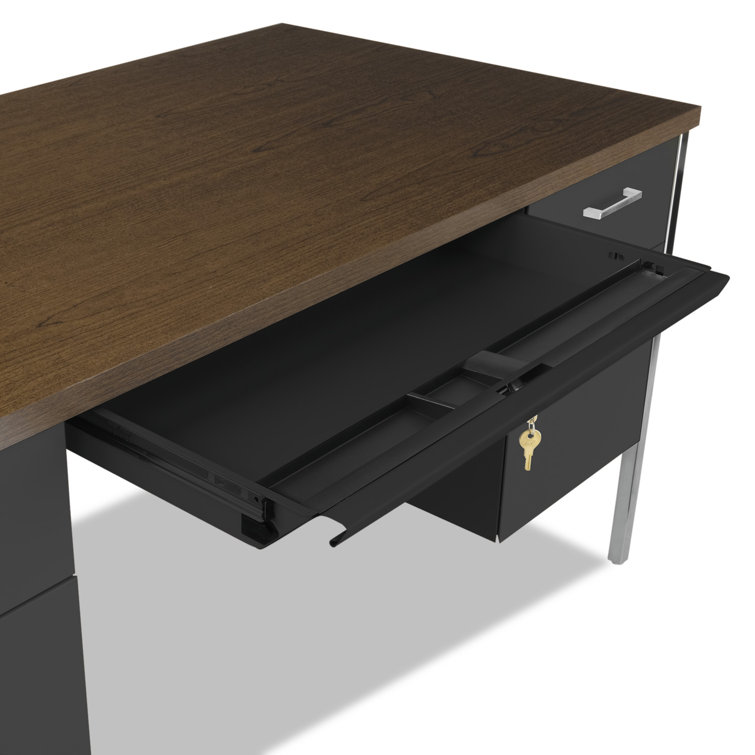 Walnut and Black Executive Desk with Filing Cabinets and Drawers