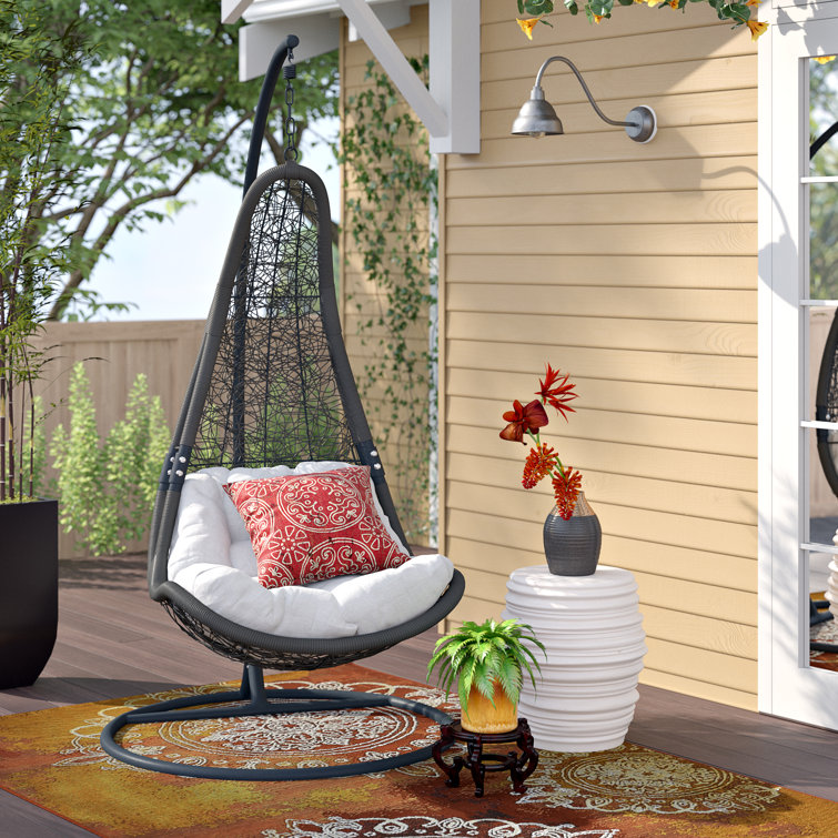 Gray White Wicker Rattan Outdoor Hanging Chair with Cushions