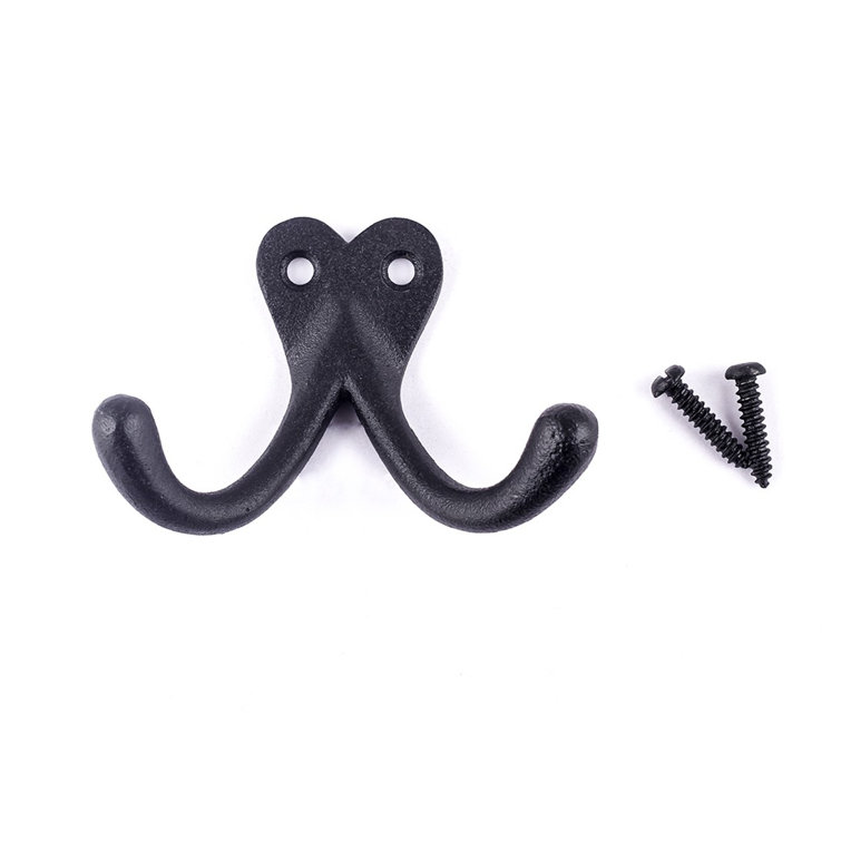 Black Cast Iron Double Wall Hook for Coats and Towels