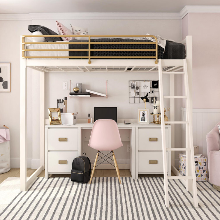 White and Gold Twin Metal Loft Bed with Headboard