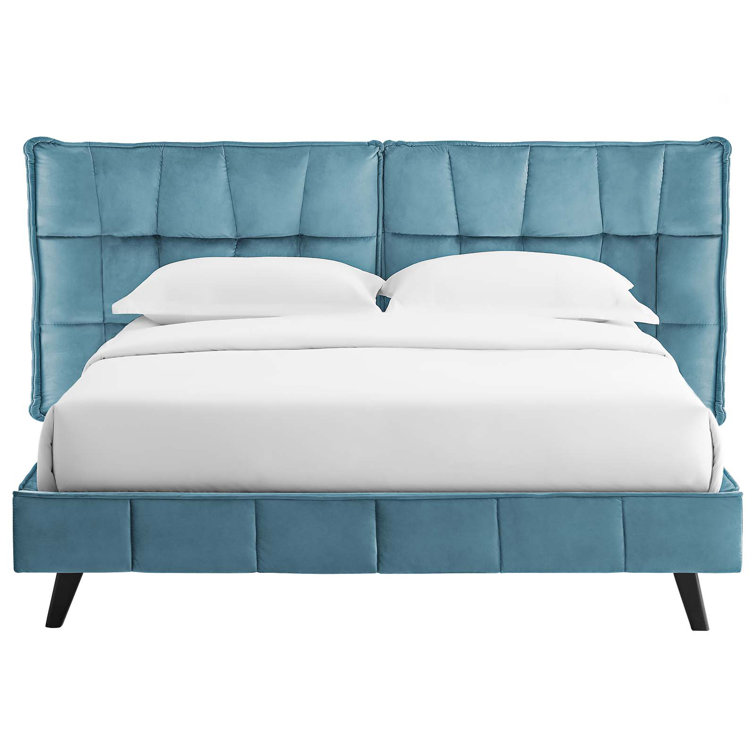 Sea Blue Queen Velvet Tufted Wingback Platform Bed with Slats