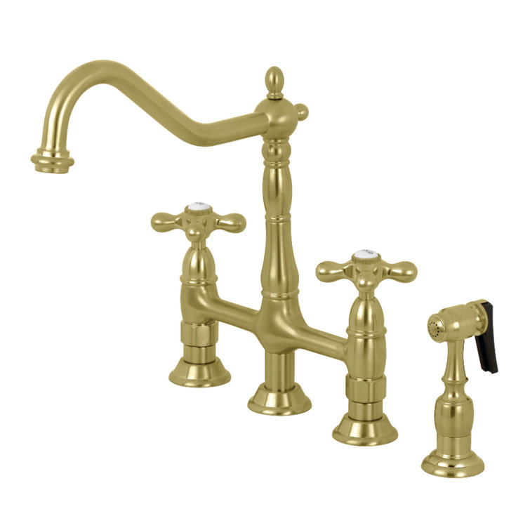 Heritage Brushed Brass Bridge Kitchen Faucet with Side Sprayer