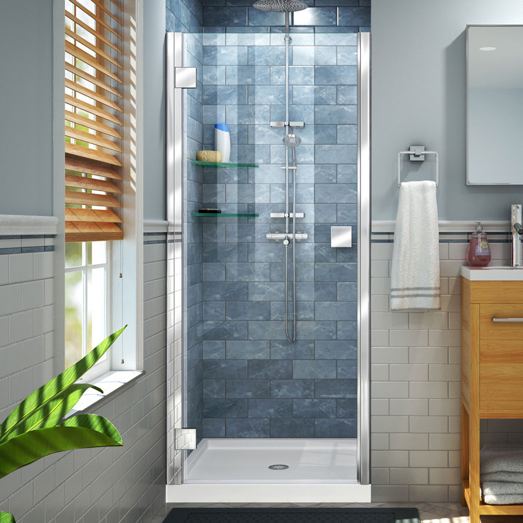 Lumen 34-41" W x 72" H Frameless Clear Glass Shower Door with Black Hardware