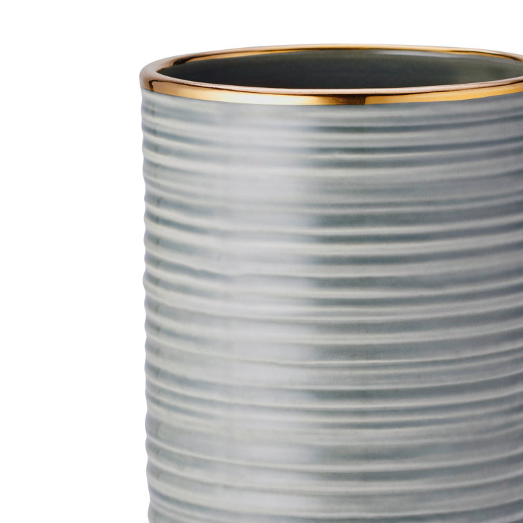 Gray Ceramic Cylinder Table Vase with Gold Rim