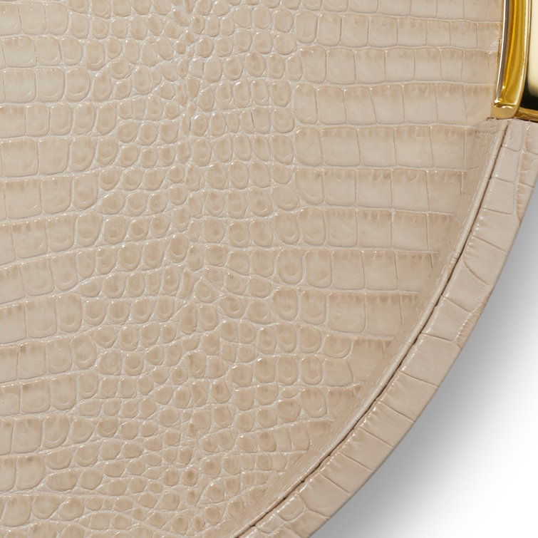 Fawn Croc Embossed Leather Round Tray with Brass Handles