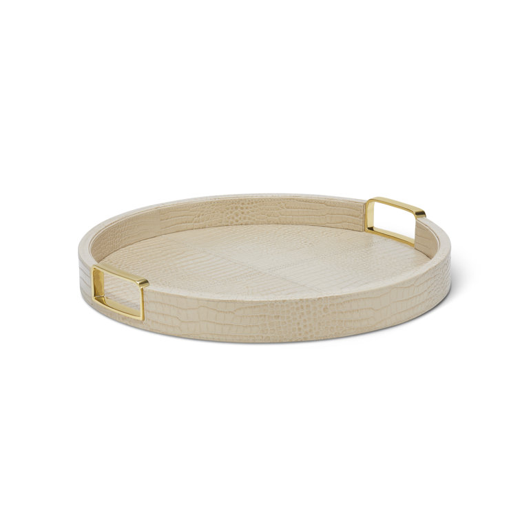 Fawn Croc Embossed Leather Round Tray with Brass Handles