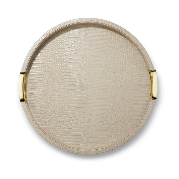 Fawn Croc Embossed Leather Round Tray with Brass Handles