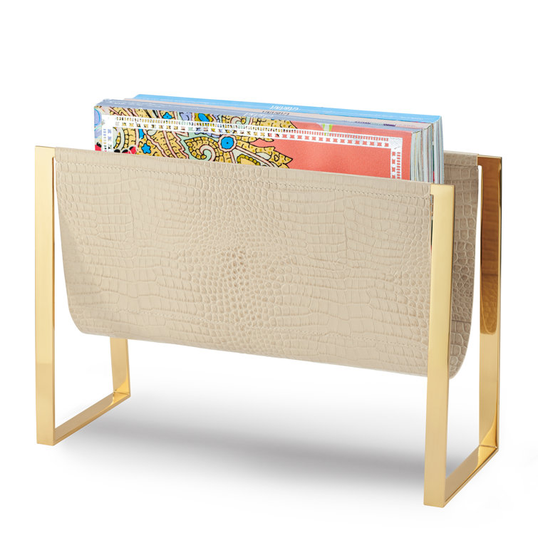 Elegant Brass and Croc-Embossed Leather Magazine Rack