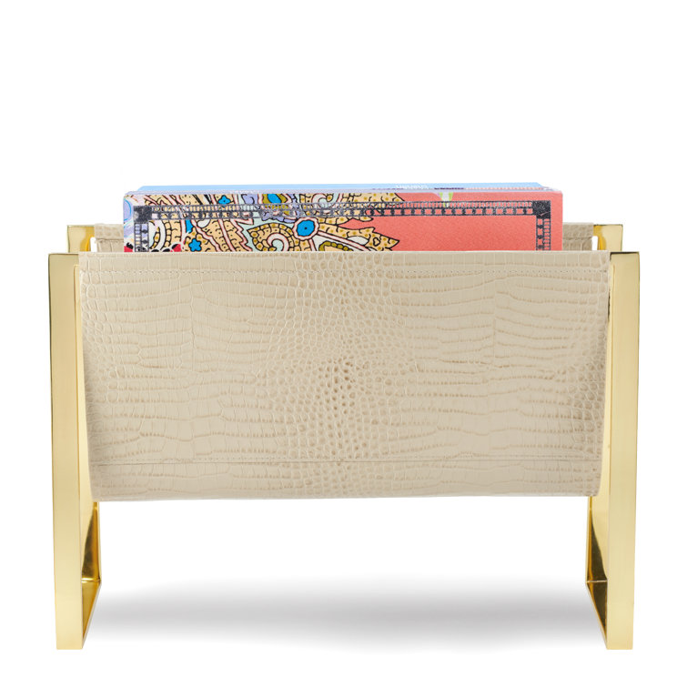 Elegant Brass and Croc-Embossed Leather Magazine Rack