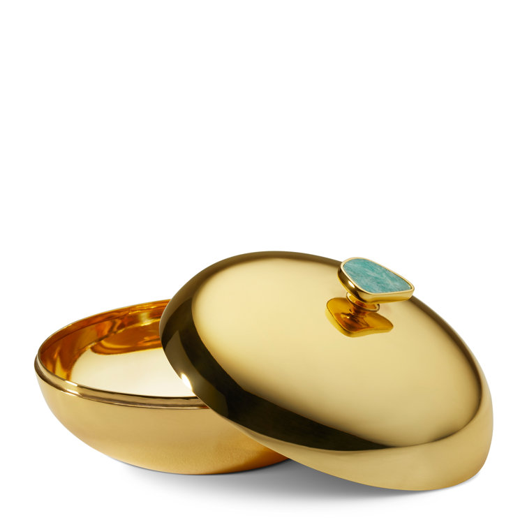 Round Gold Metal Lidded Box with Aquamarine Stone