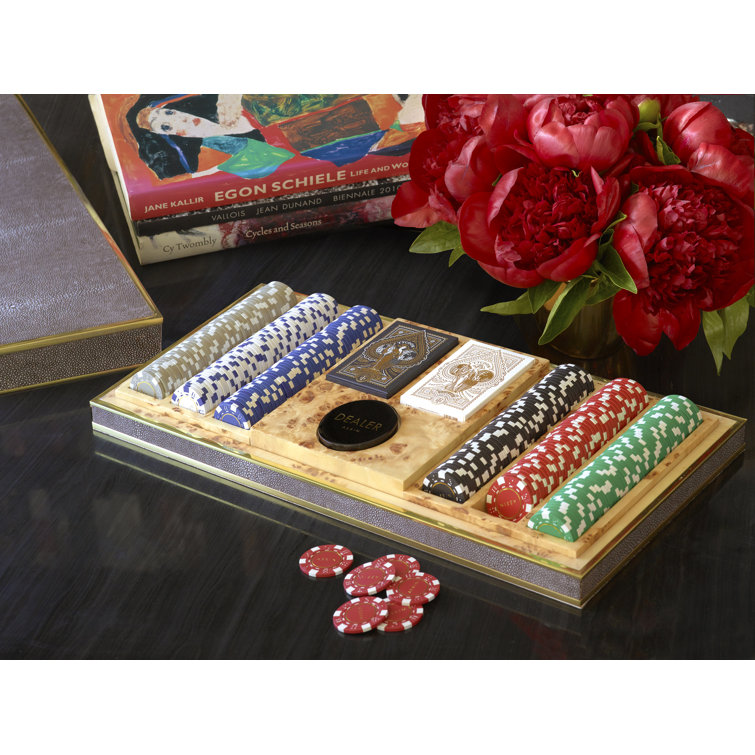 Luxurious Chocolate Faux Shagreen Poker Set with Brass Accents