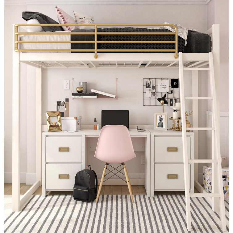 White and Gold Twin Metal Loft Bed with Headboard