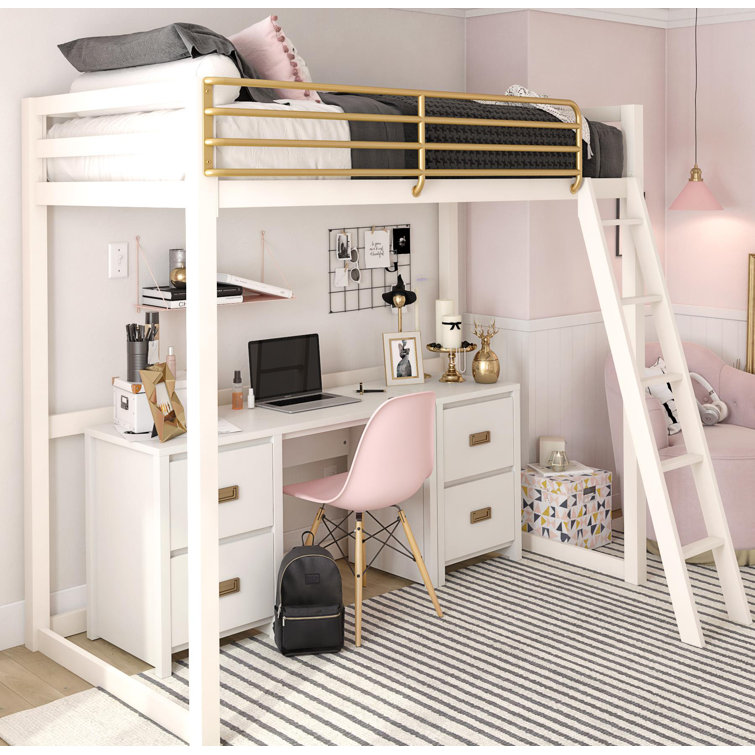 White and Gold Twin Metal Loft Bed with Headboard
