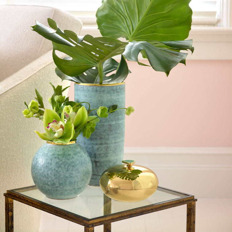 Gray Ceramic Cylinder Table Vase with Gold Rim