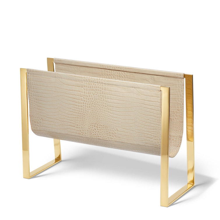 Elegant Brass and Croc-Embossed Leather Magazine Rack