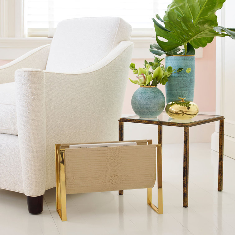 Elegant Brass and Croc-Embossed Leather Magazine Rack