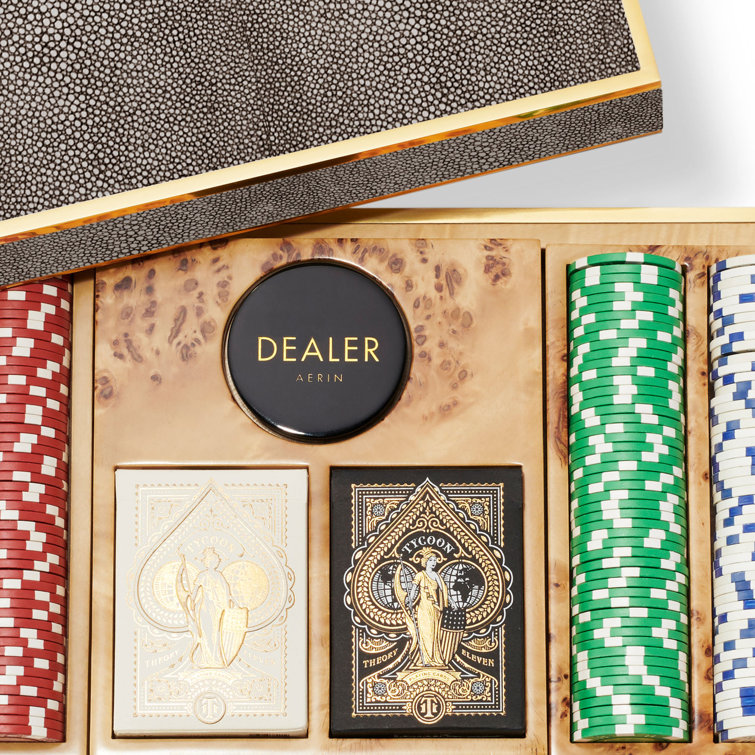 Luxurious Chocolate Faux Shagreen Poker Set with Brass Accents