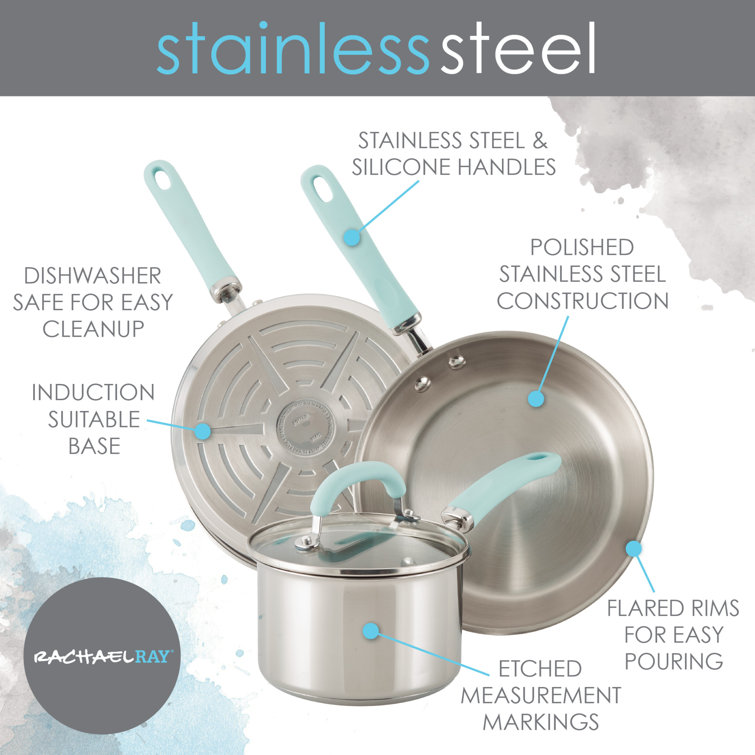 10-Piece Stainless Steel Cookware Set with Light Blue Handles