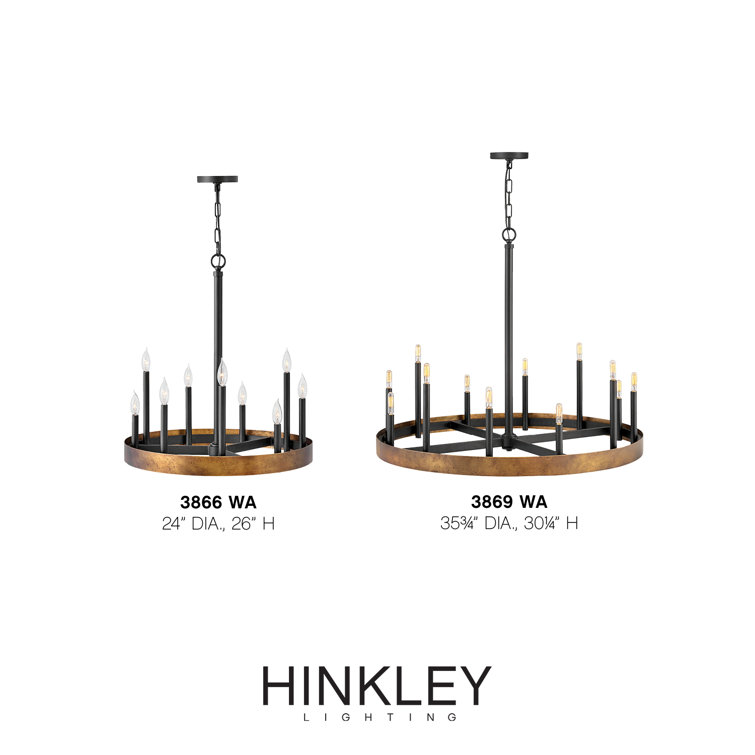 Weathered Brass and Black 12-Light Wagon Wheel Chandelier