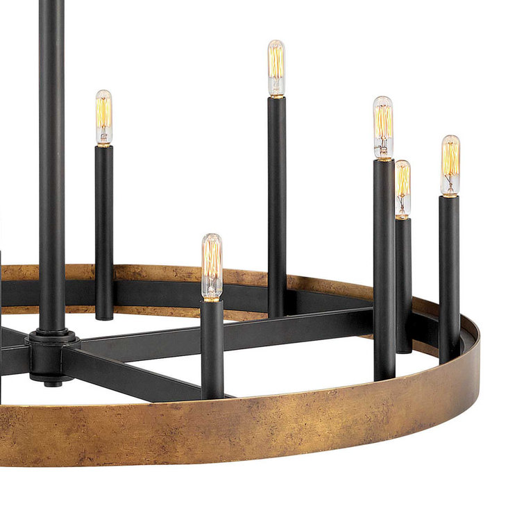 Weathered Brass and Black 12-Light Wagon Wheel Chandelier