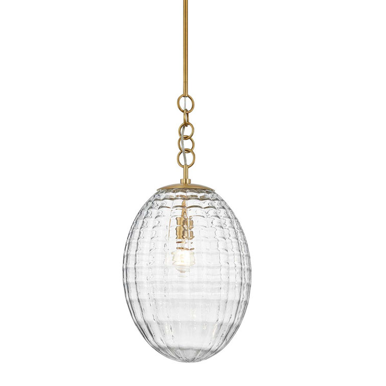 Aged Brass Teardrop Ribbed Glass Single Pendant Light