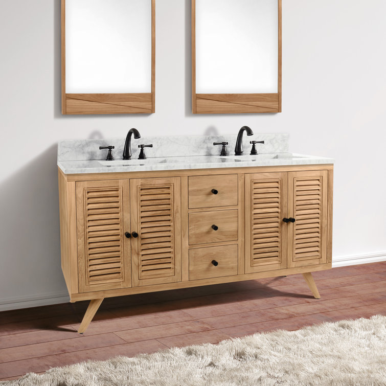 Transitional 61" Teak Double Vanity with Marble Top & Undermount Sinks