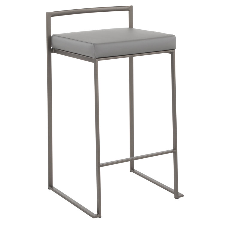 Antique Metal and Grey Faux Leather Stackable Counter Stools, Set of 2