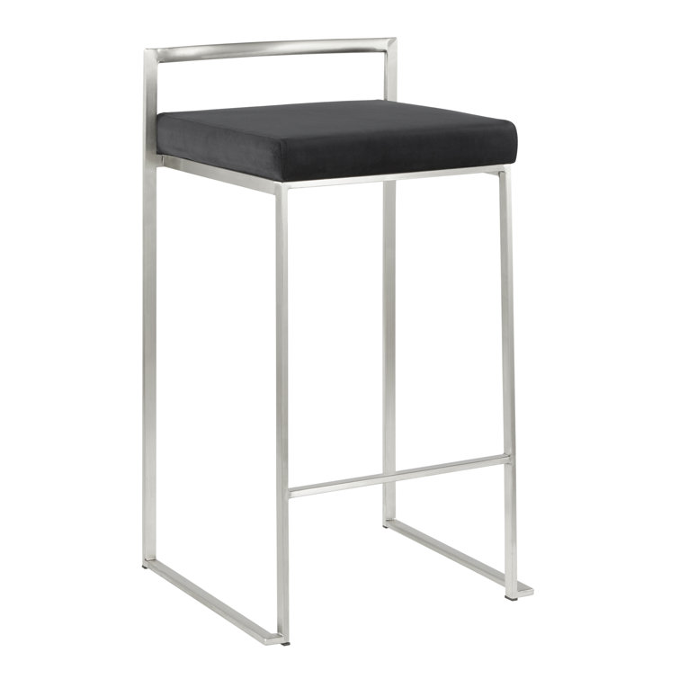 Fuji Brushed Stainless Steel Stackable Counter Stools with Black Velvet Cushion, Set of 2