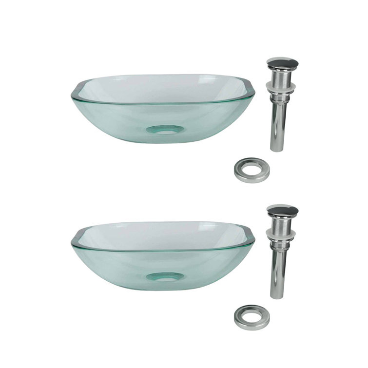 Clear Tempered Glass Square Vessel Sink Set with Drain