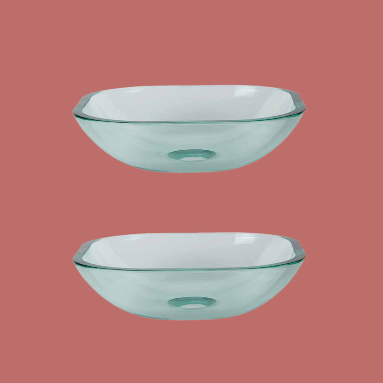 Clear Tempered Glass Square Vessel Sink Set with Drain