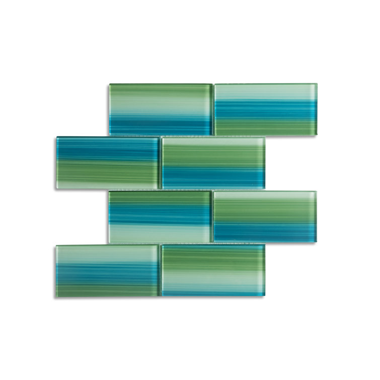 Hand Painted Blue and Green Glass Subway Wall Tile, 3" x 6"