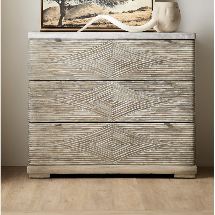 Gray and Light Wood 3-Drawer Dresser with Marble Top